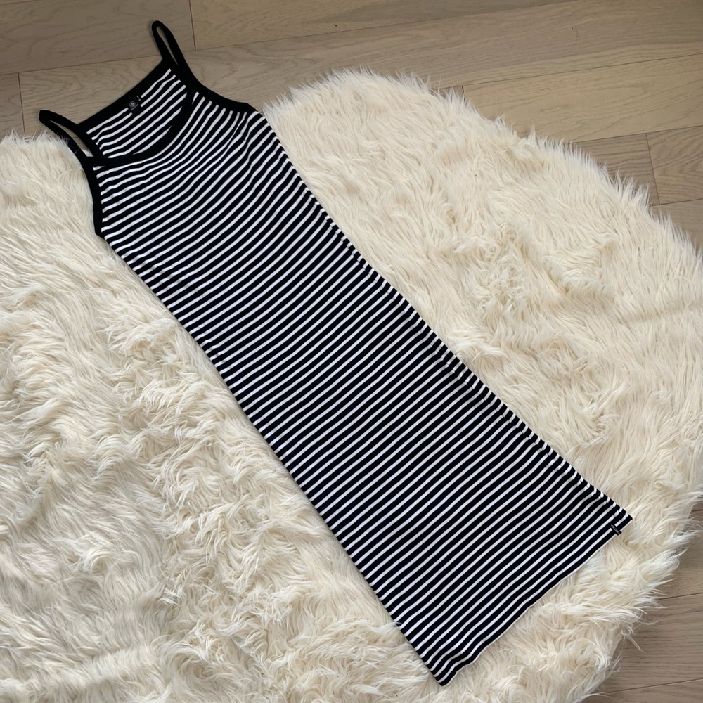 Volcom Black & White Striped Cotton Halter Tank Maxi Dress